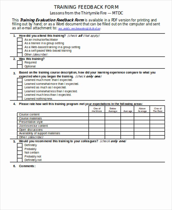 Training Feedback form for Employees Awesome Free Sample Feedback form 12 Examples In Word Pdf