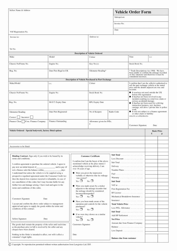 Vehicle Purchase order Template Awesome Vehicle order form for Used Car Sales Motor Trade Stationery