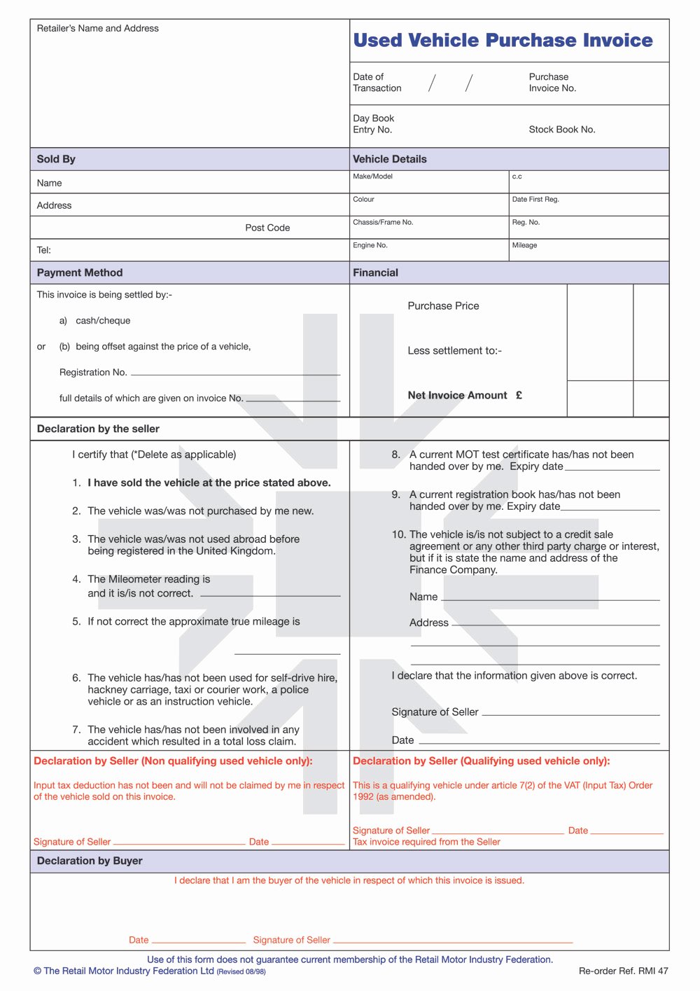 Vehicle Purchase order Template New Rmi047p Used Vehicle Purchase Invoice Pad Rmi Webshop