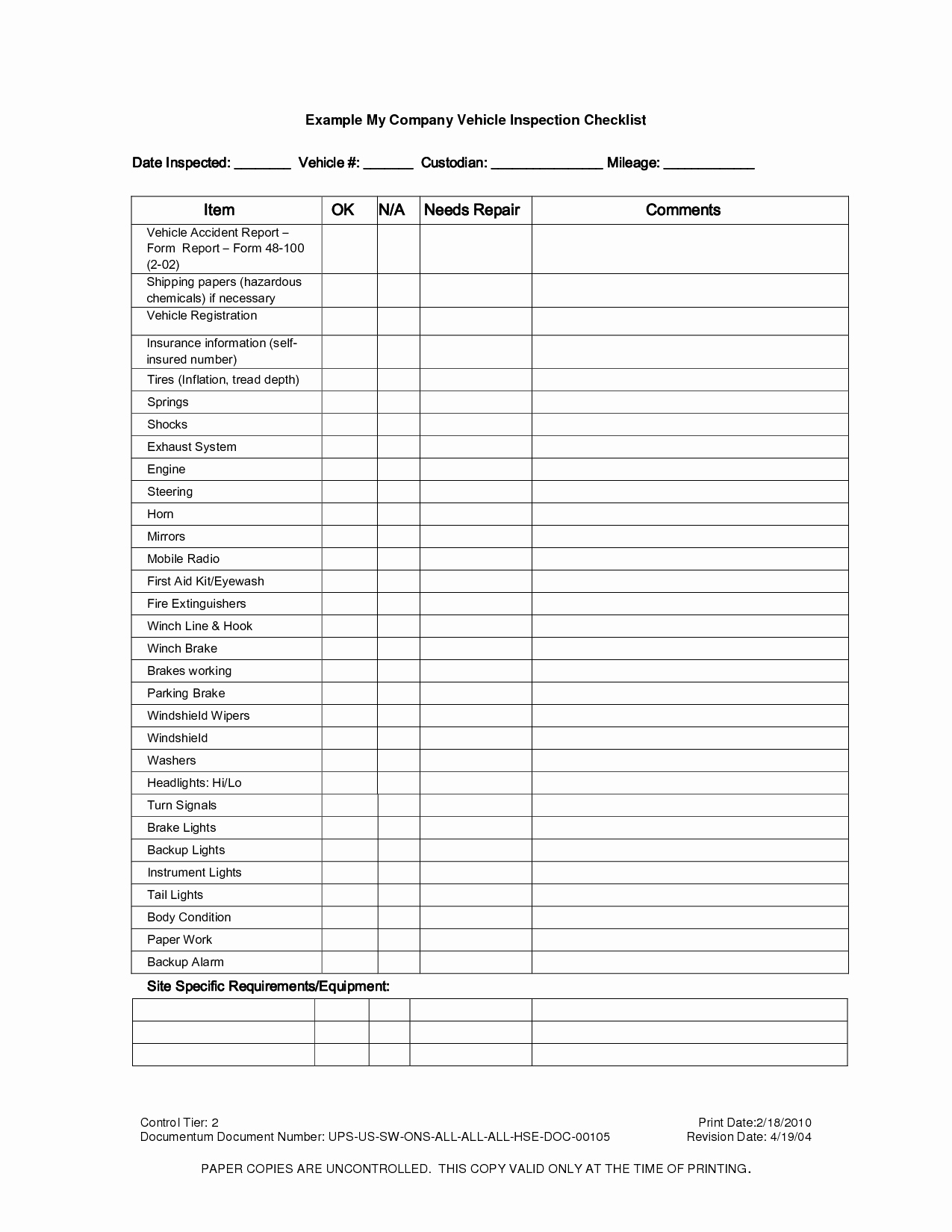 Vehicle Safety Inspection Checklist Template New Vehicle Inspection Checklist Template