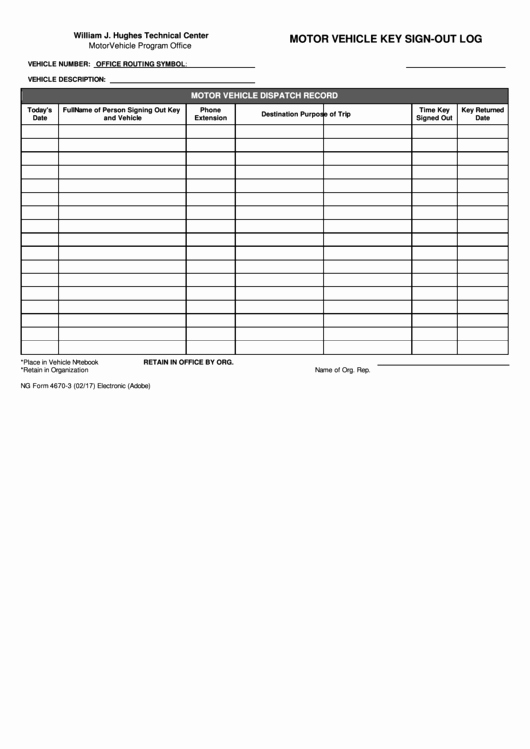 Vehicle Sign Out Sheet New Fillable Motor Vehicle Key Sign Out Log Printable Pdf