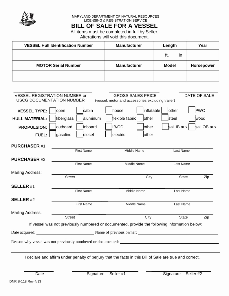 Vessel Bill Of Sale Awesome Maryland Boat Bill Of Sale form Dnr B 118
