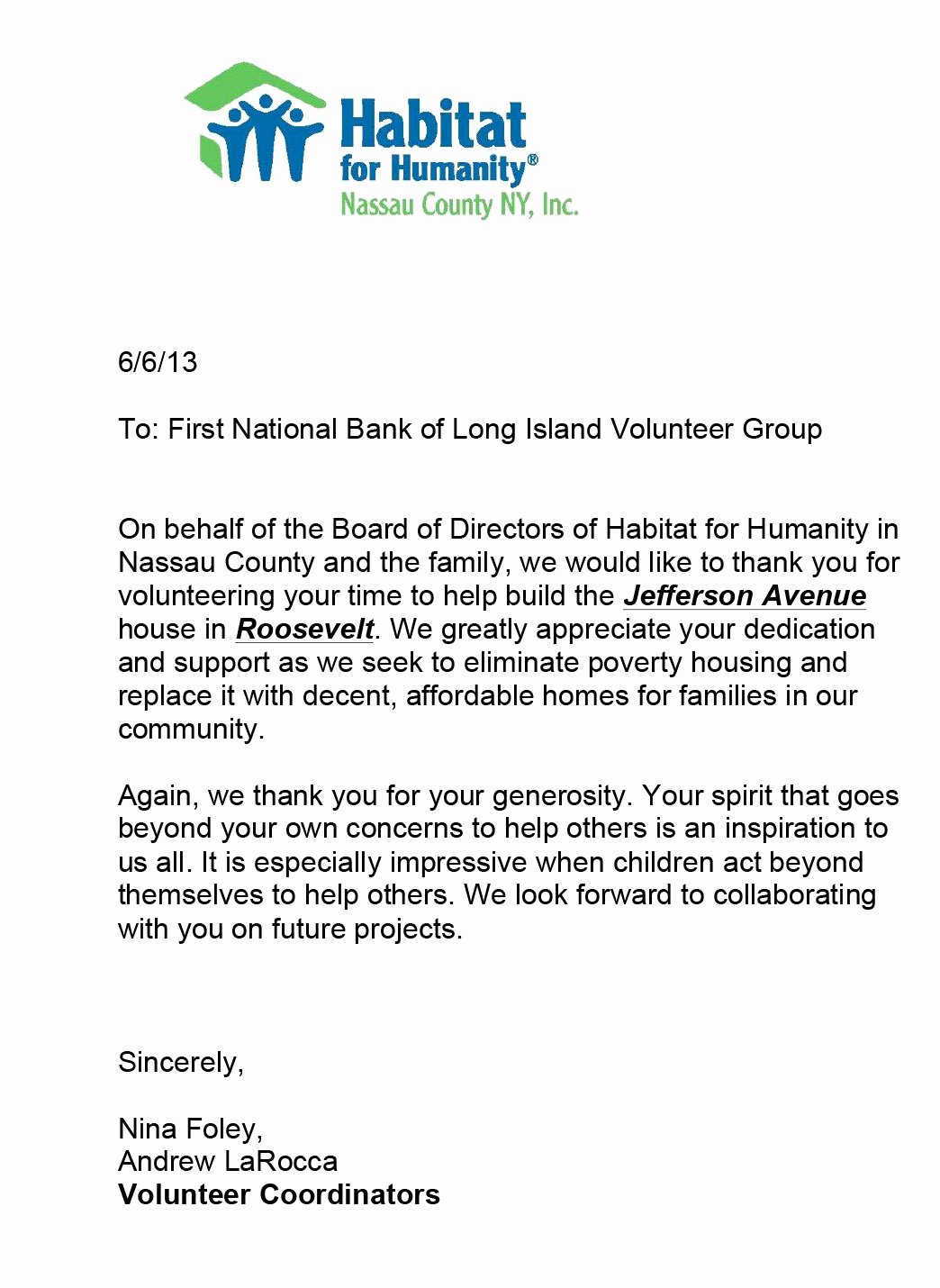 Volunteer Thank You Letter Beautiful the First National Bank Of Long island