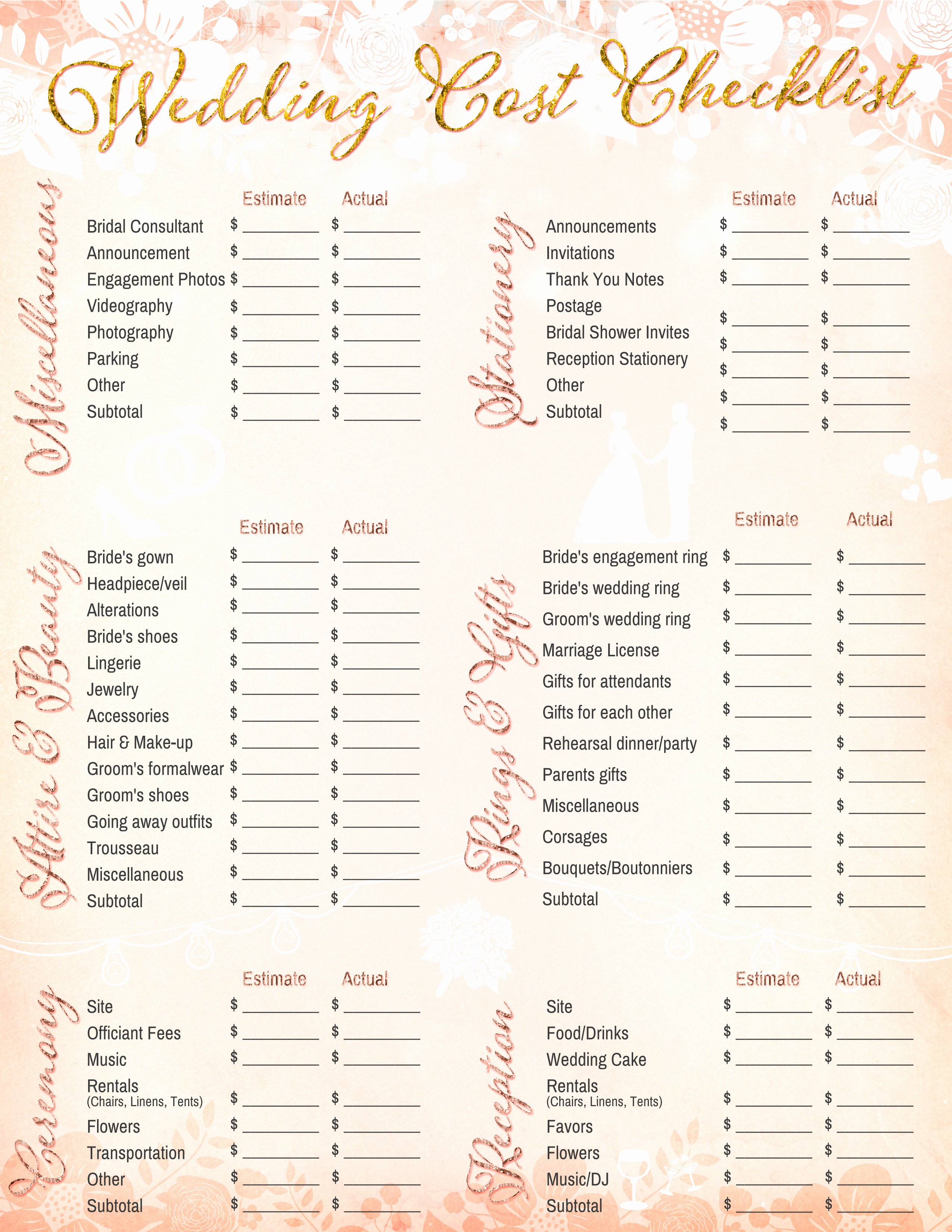Wedding Venue Checklist Printable Awesome Free Printable Wedding Cost Checklist
