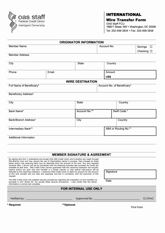 Wire Transfer Instructions Template Awesome Fillable Oas Staff International Wire Transfer form