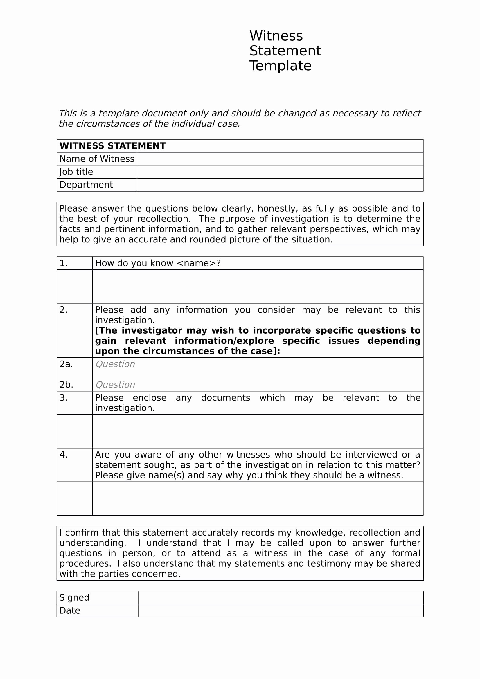 Witness Statement Template Word New Free 14 Employee Witness Statement forms In Word