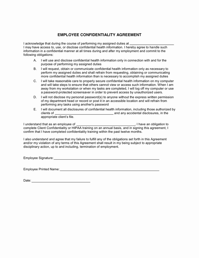 Word Employee Confidentiality Agreement Templates Elegant Employee Confidentiality Agreement In Word and Pdf formats